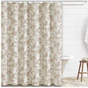 Linen Shower Curtain Beige on Beige Floral Pattern 72 x 72 Country Farmhouse